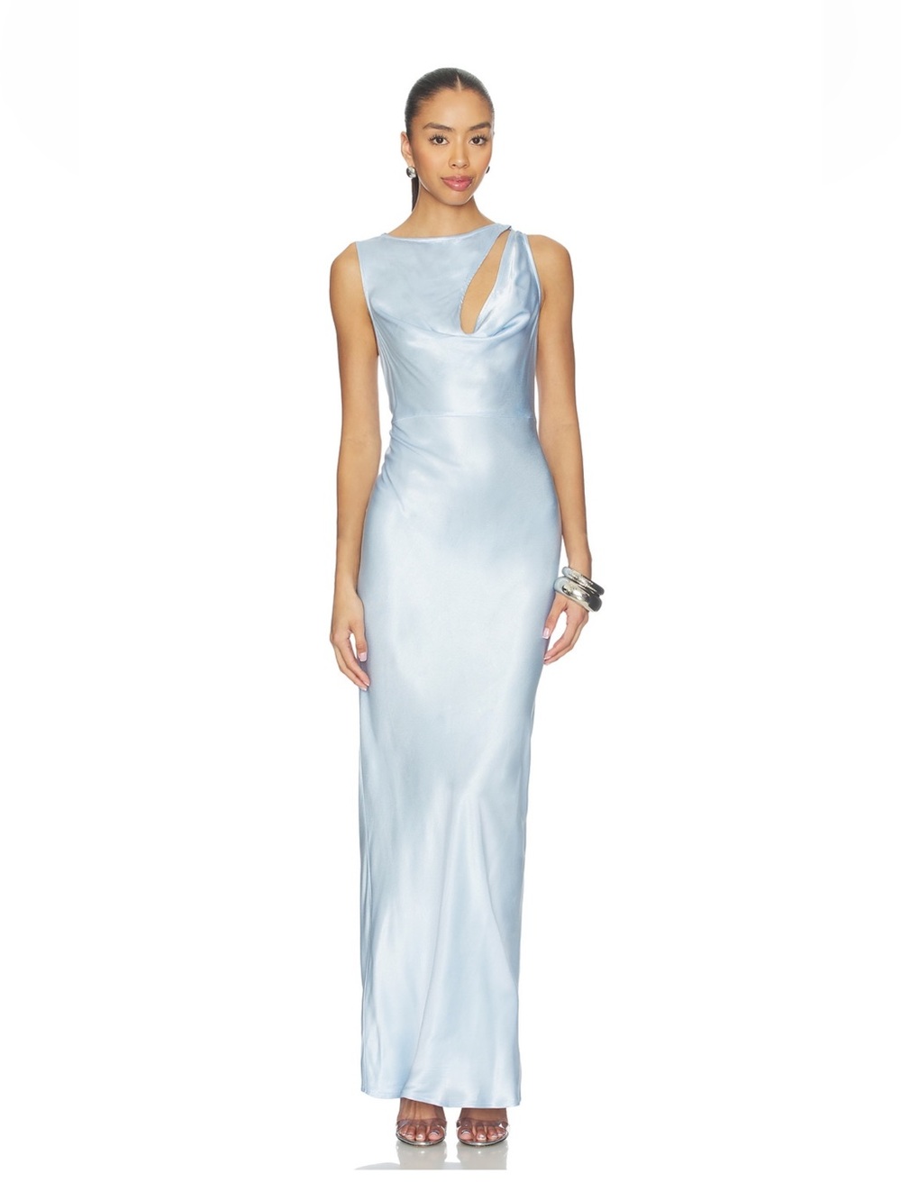 SNDYS Jessie Maxi Dress Baby Blue Satin Maxi Dress with Asymmetric Cutout